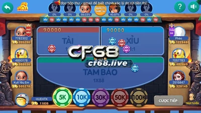 Tài Xỉu cf68 3 lựa chọn cược trong game Tài xỉu CF68