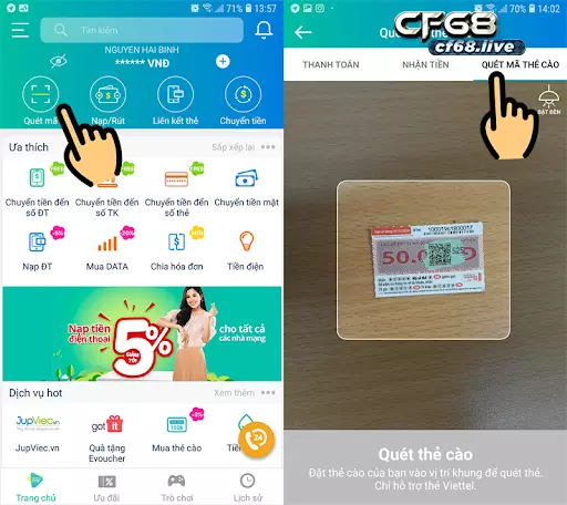Nạp thẻ cào bằng mã qr viettel - Cùng cf68 tìm hiểu Hướng dẫn tóm tắt cách nạp thẻ cào bằng mã qr viettel