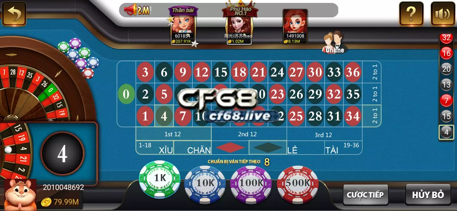 Hướng dẫn chơi bánh xe Roulette cf68 Giao diện chơi bánh xe Roulette cf68