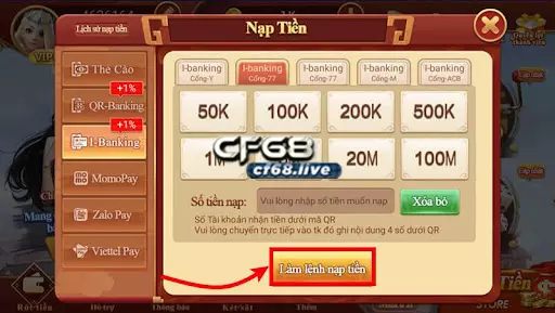 Lệnh nạp thẻ là lệnh gì tại cf68 Cách tạo lệnh nạp thẻ khi nạp tiền qua I – Banking