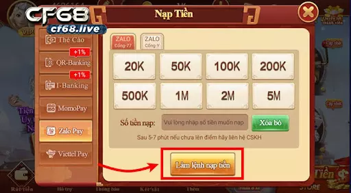 Lệnh nạp thẻ là lệnh gì tại cf68 Lệnh nạp thẻ khi Nạp tiền bằng Zalo Pay