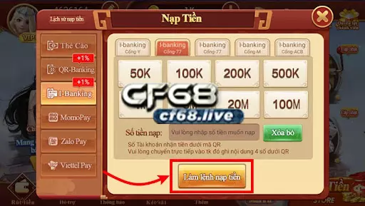 Lệnh nạp thẻ là lệnh gì tại cf68 Lệnh nạp thẻ khi Nạp tiền bằng I – Banking