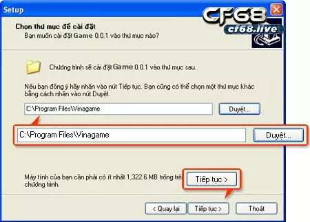 Tai game dat bom ve may tinh tại cf68 cực dễ dàng Chọn thư mục “cài đặt game” ở trên ổ cứng