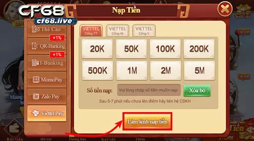 Lệnh nạp thẻ là lệnh gì tại cf68 Cách tạo lệnh nạp thẻ khi nạp tiền qua Viettel Pay