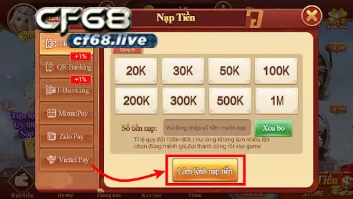 Lệnh nạp thẻ là lệnh gì tại cf68 Lệnh nạp thẻ khi Nạp tiền bằng thẻ cào