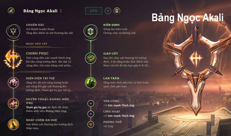 Bảng Ngọc Akali - Sức mạnh vượt trội cho sát thủ ánh trăng Bảng ngọc Akali không chỉ tăng cường sát thương theo thời gian mà còn hỗ trợ Akali trong việc hồi phục, đối phó với kháng hiệu ứng