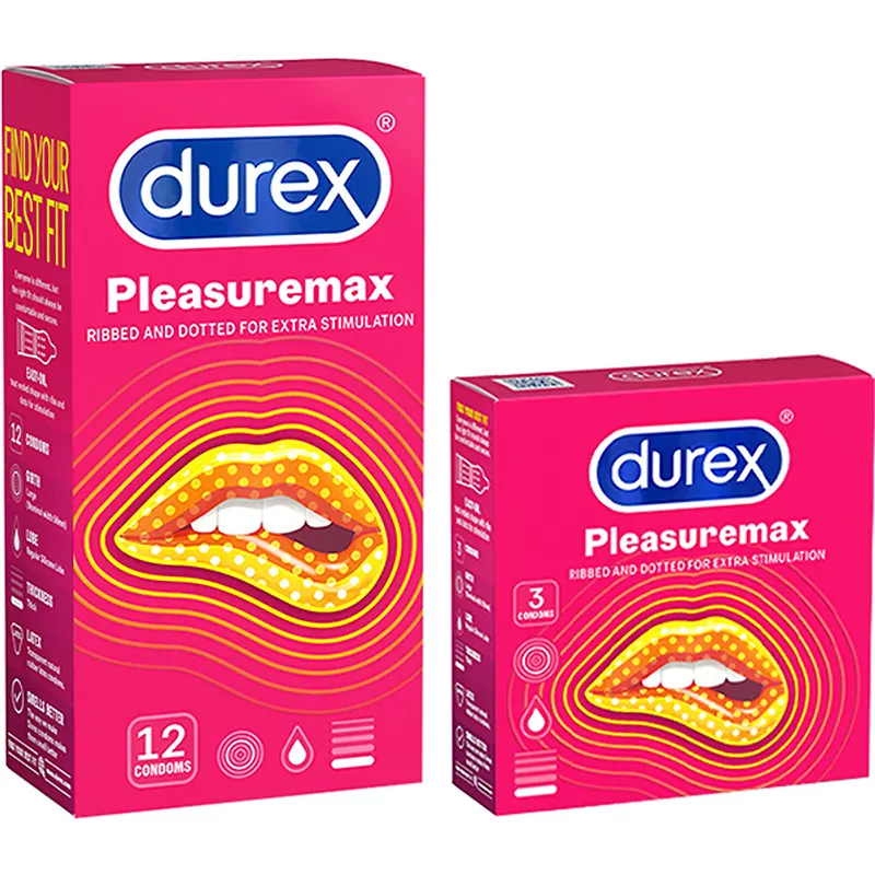 Bao cao su Deluxe- thương hiệu của sự đẳng cấp và chất lượng Durex Pleasuremax có các chấm nổi và đường gân trên thân, phần đầu bao cao su