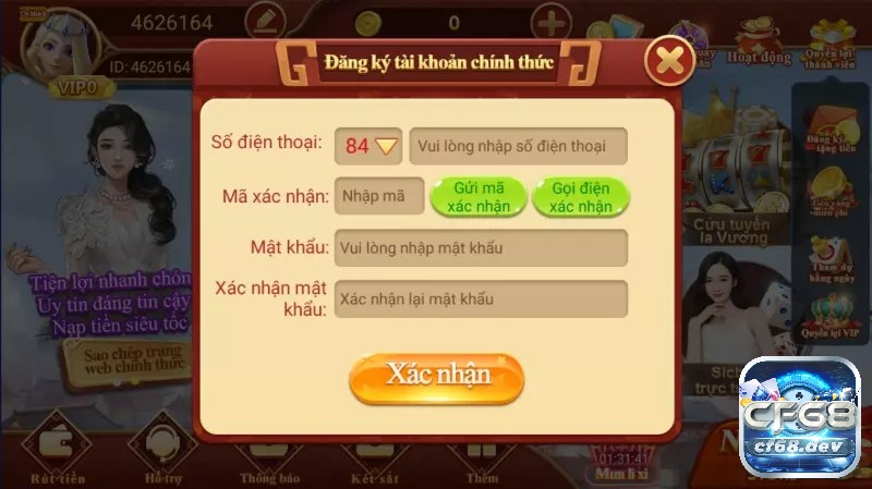 Ban ca onlien CF68 – Tham gia bắn cá với nhiều thể loại Giao diện đăng ký tài khoản tại CF68