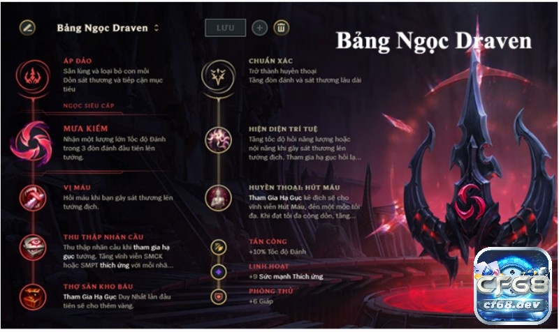 Bảng ngọc Draven AD sát thương cao mùa 13 Tốc Chiến Bảng ngọc draven mưa kiếm