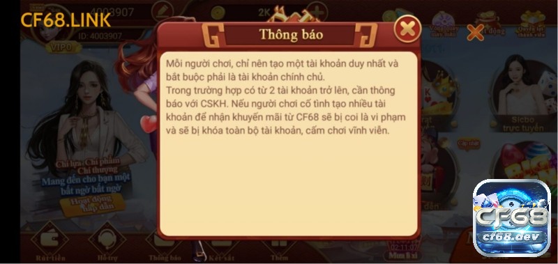 Cổng game đổi thưởng uy tín CF68 chất lượng hàng đầu Có thông báo rõ ràng gửi đến người chơi