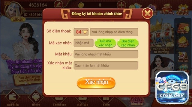Cổng game đổi thưởng uy tín CF68 chất lượng hàng đầu Giao diện đăng ký tài khoản tại CF68