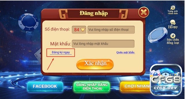 Game bài uy tín CF68 - Sân chơi an toàn cho anh em cược thủ Giao diện đăng ký tài khoản chơi game bài uy tín CF68