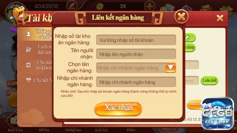 Bài casino online Cf68 - Sân chơi đổi thưởng uy tín nhất 2023 Trước khi nạp cần thực hiện liên kết tài khoản với ngân hàng