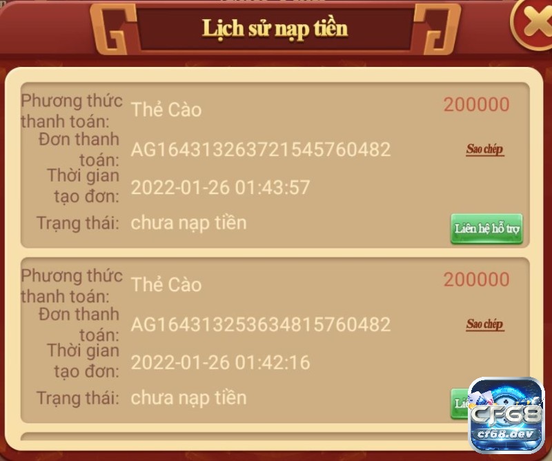 Bài casino online Cf68 - Sân chơi đổi thưởng uy tín nhất 2023 Giao dịch nạp tiền qua thẻ cào được lưu tại lịch sử nạp tiền