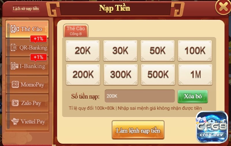 CF68 CF688 – Cổng game cá cược uy tín hàng đầu Châu Á Hỗ trợ nhiều phương thức nạp tiền khác nhau