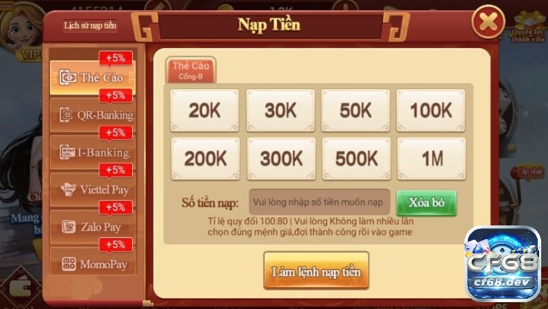Game bài đôi thưởng uy tín CF68 - Sân chơi hàng đầu thị trường Hỗ trợ đa dạng các hình thức nạp tiền