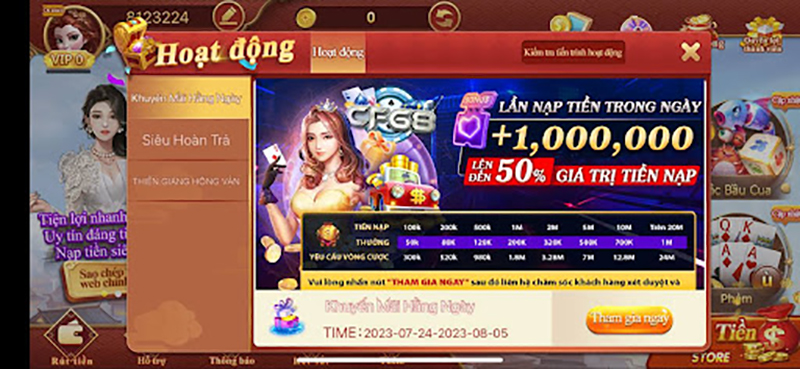 Khuyến mãi hàng ngày CF68: Tặng 50% giá trị nạp lần đầu từ 24/7 - 05-08 Chương trình khuyến mãi 50% giá trị tiền nạp mỗi ngày