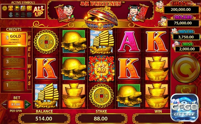88 fortunes slots với Jackpot khủng lên tới 200.000$ Biểu tượng Fu Bat hoang dã thay thế cho các biểu tượng khác