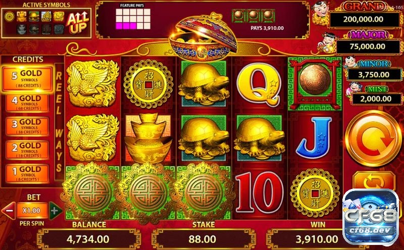 88 fortunes slots với Jackpot khủng lên tới 200.000$ Biểu tượng Gong vàng dẫn bạn tới các vòng quay miễn phí