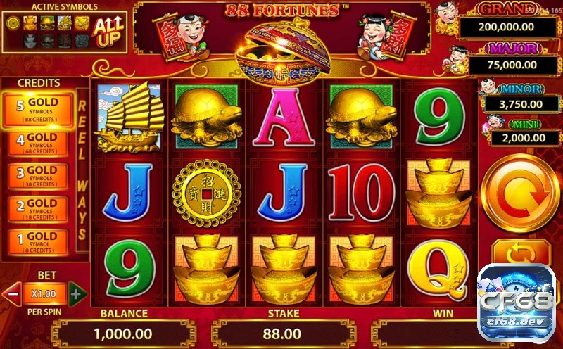 88 fortunes slots với Jackpot khủng lên tới 200.000$ Giao diện chính của trò chơi 88 fortunes slots
