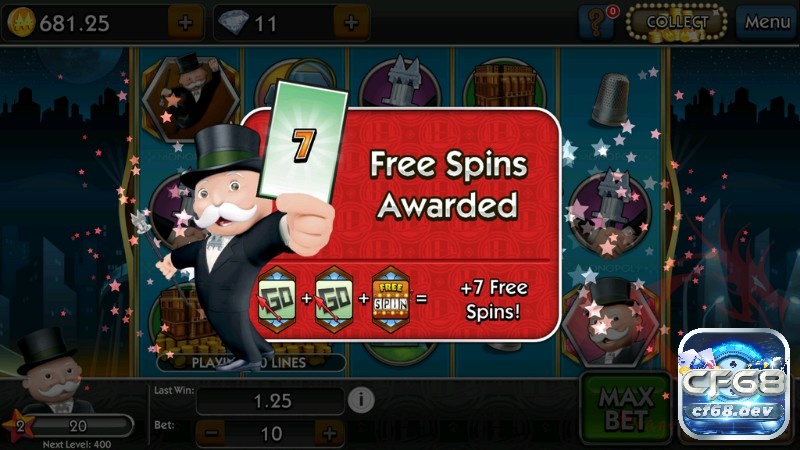 Monopoly slots với những tính năng thưởng hấp dẫn nhất tại cf68 Nhận thưởng vòng quay miễn phí