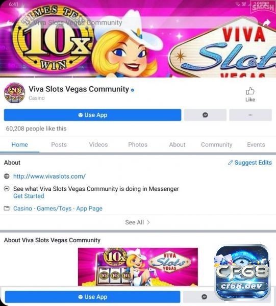 Viva Slots Vegas với kho game slot độc quyền cực khủng tại cf68 Hiện trang Facebook của Viva Slots Vegas có hơn 60k lượt thích