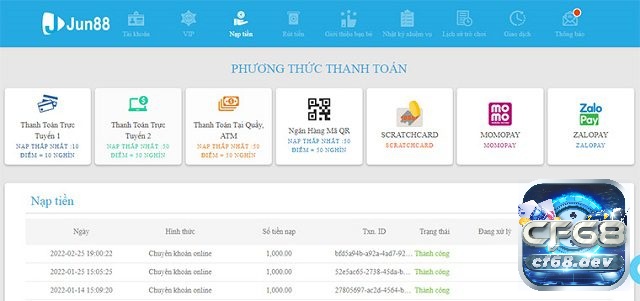 Giới thiệu nhà cái jun88: Nhà cái uy tín số 1 thị trường Châu Á Quá trình nạp tiền vào Jun88 rất đơn giản và tiện lợi, giúp người chơi sẵn sàng tham gia các trò chơi và trải nghiệm cá cược tại nhà cái này.