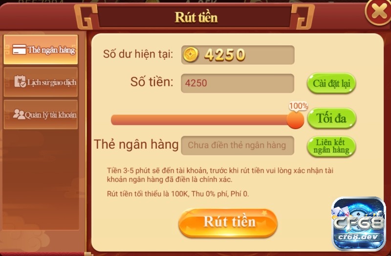 Bắn cá đổi thưởng thẻ cào dành cho cược thủ tại CF68 Thực hiện quy đổi thành tiền thông qua tài khoản ngân hàng