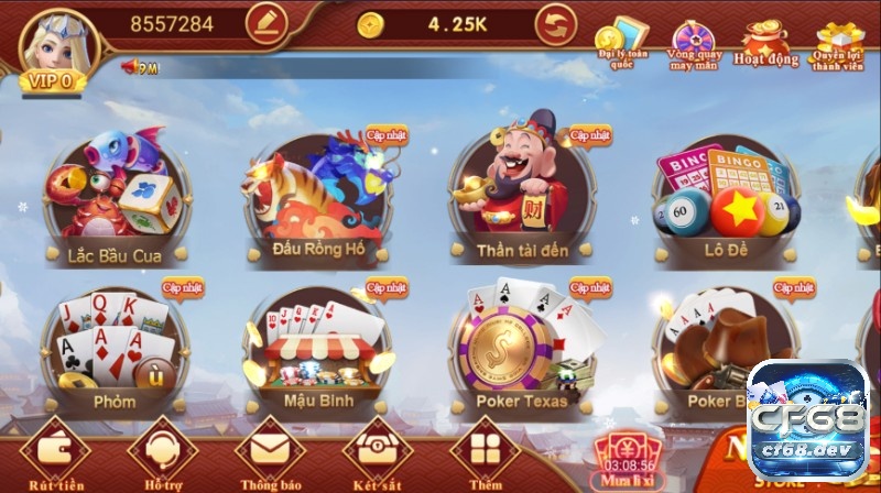Bắn cá đổi thưởng thẻ cào dành cho cược thủ tại CF68 Giao diện chính của ứng dụng CF68.DEV