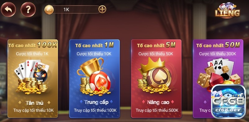 CF68 cổng game bài CF68 hàng đầu thị trường Casino hiện nay Game bài liêng có đa dạng mức cược cho anh em