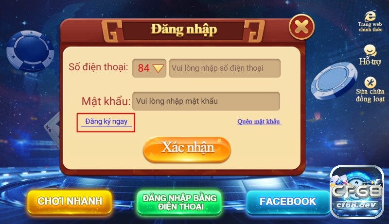 Tài xỉu Online đăng ký bet tai CF68 - Nhà cái cá cược uy tín nhất Chọn mục đăng ký ngay để đăng ký tài xỉu Online đăng ký bet