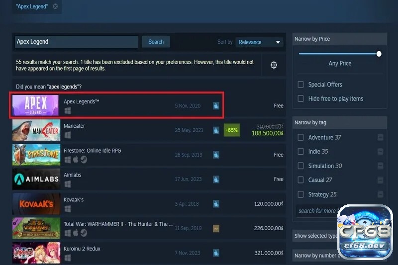 Game Apex Legends - Hành trình sinh tồn đầy kịch tính Truy cập vào trang Steam và nhập tìm kiếm trò chơi Apex Legends