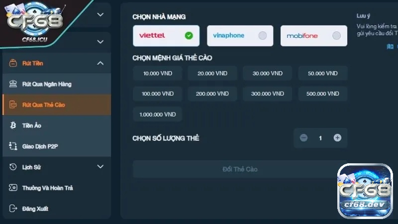 Game đánh bài đổi thẻ uy tín - Chơi thắng lớn, nhận quà hấp dẫn CF68 hỗ trợ đổi thẻ nhanh, bảo mật qua nhiều phương thức