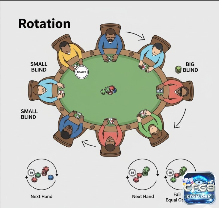 Big blind poker là gì và vai trò của big blind trong một ván poker Vị trí Big Blind trong poker luân chuyển theo chiều kim đồng hồ sau mỗi ván để đảm bảo công bằng cho mọi người chơi