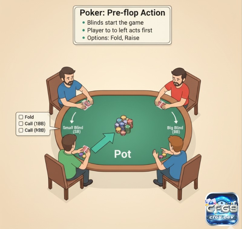 Big blind poker là gì và vai trò của big blind trong một ván poker Người chơi Poker hiểu vòng cược Pre-flop bắt đầu bằng Blinds, nơi người chơi đưa ra các lựa chọn như call, raise, fold