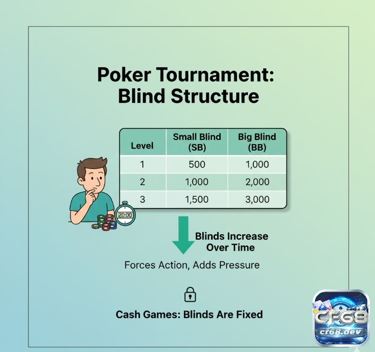 Big blind poker là gì và vai trò của big blind trong một ván poker Người chơi Poker hiểu Blinds tăng dần theo cấu trúc giải đấu để thúc đẩy hành động và tạo áp lực