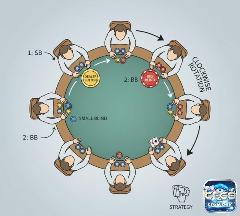 Big blind poker là gì và vai trò của big blind trong một ván poker Giải thích vai trò của Dealer Button và cách nó xác định, luân chuyển vị trí Small Blind và Big Blind trong poker