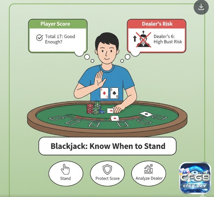 Cách hit stand trong blackjack chuẩn xác giúp tối ưu điểm số Người chơi blackjack đang ra hiệu "Stand" để dừng rút bài, giữ tổng điểm hiện tại vì tự tin thắng hoặc lo sợ bù