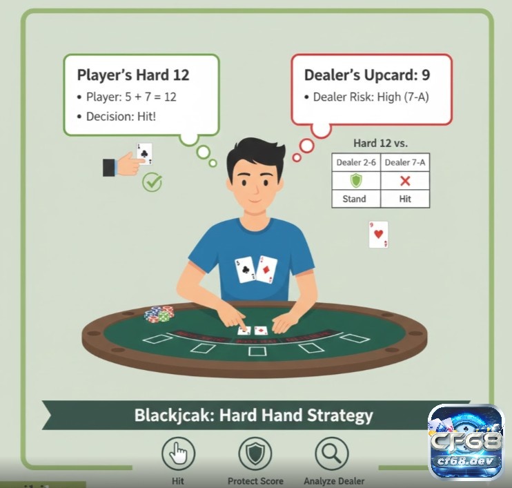 Cách hit stand trong blackjack chuẩn xác giúp tối ưu điểm số Người chơi blackjack đang thực hiện chiến thuật "Hit" cho bài cứng, cân nhắc tổng điểm và lá bài ngửa của nhà cái