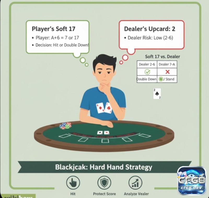Cách hit stand trong blackjack chuẩn xác giúp tối ưu điểm số Người chơi blackjack đang thực hiện chiến thuật "Hit" cho bài mềm, cân nhắc tổng điểm và lá bài ngửa của nhà cái