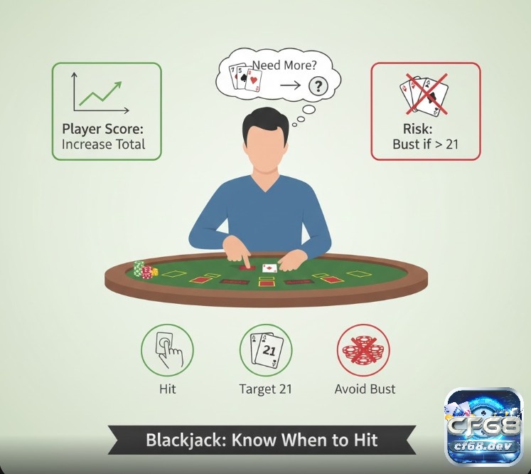 Người chơi blackjack đang ra hiệu "Hit" để rút thêm bài, nhằm tăng điểm tổng mà không vượt quá 21