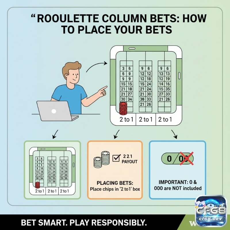 Cược cột roulette – Cách đặt cược column bet và payout Người chơi Roulette đặt chip vào khu vực ""2 to 1"" của một trong ba cột số, hiểu rõ các quy tắc cược và số 0 không thuộc cột nào