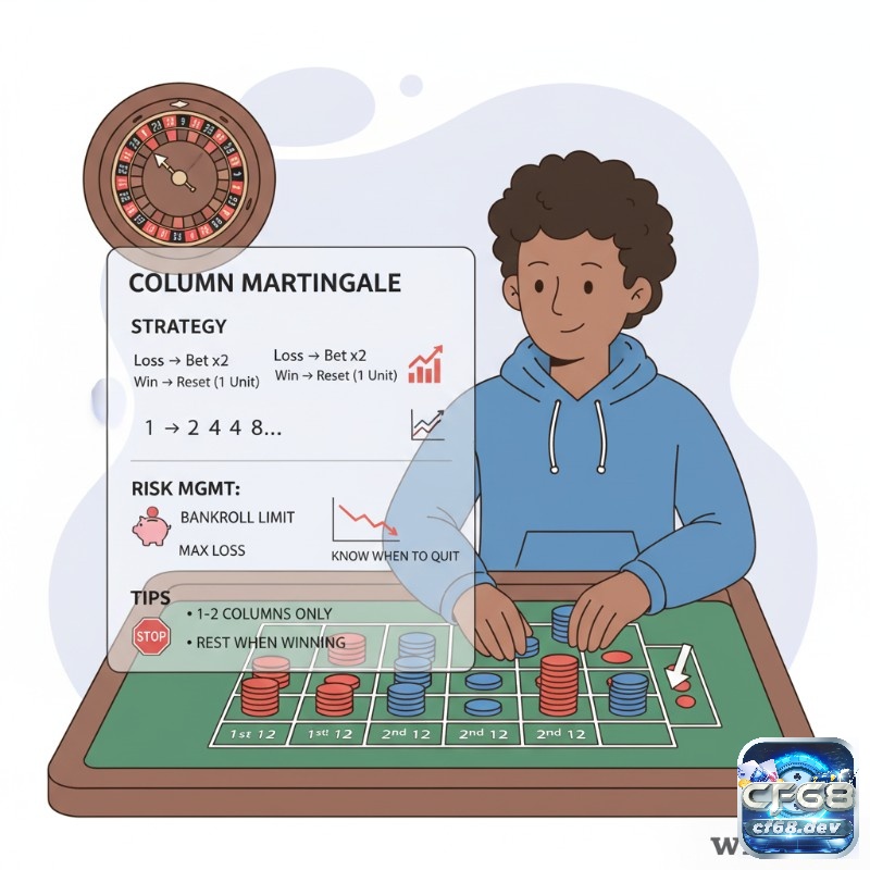 Cược cột roulette – Cách đặt cược column bet và payout Người chơi roulette áp dụng chiến thuật Martingale mở rộng với cược cột, tăng gấp đôi tiền cược khi thua và quản lý ngân sách cẩn thận