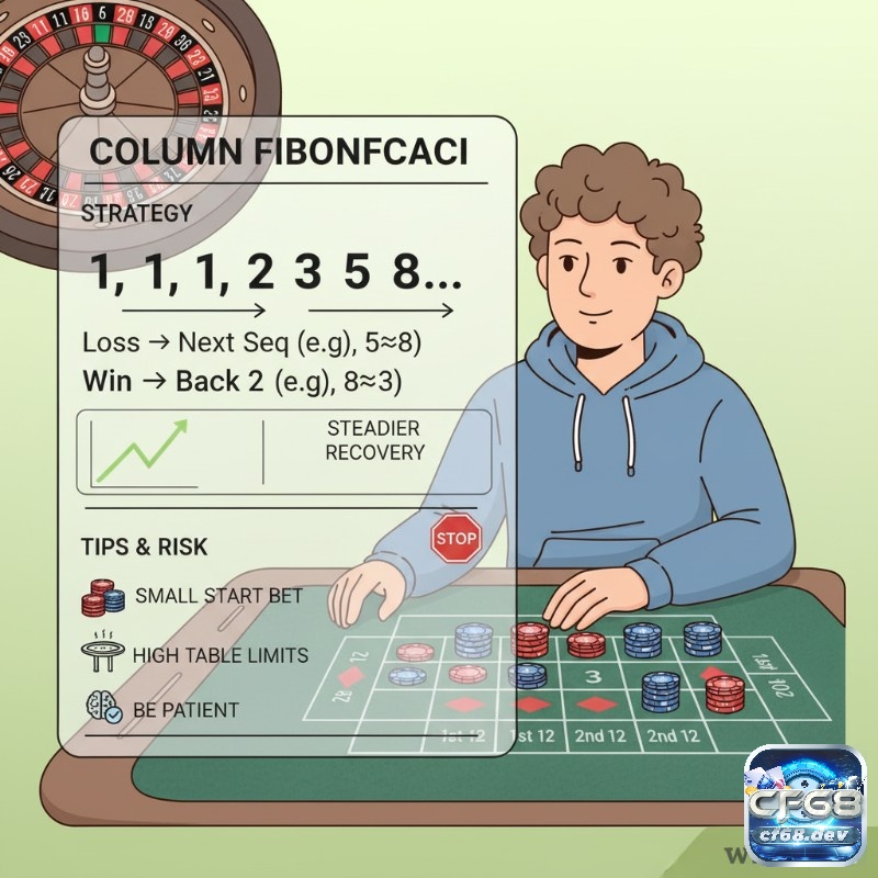Cược cột roulette – Cách đặt cược column bet và payout Người chơi roulette áp dụng chiến thuật Fibonacci, tăng cược theo dãy số khi thua và lùi lại khi thắng, để quản lý vốn cẩn thận
