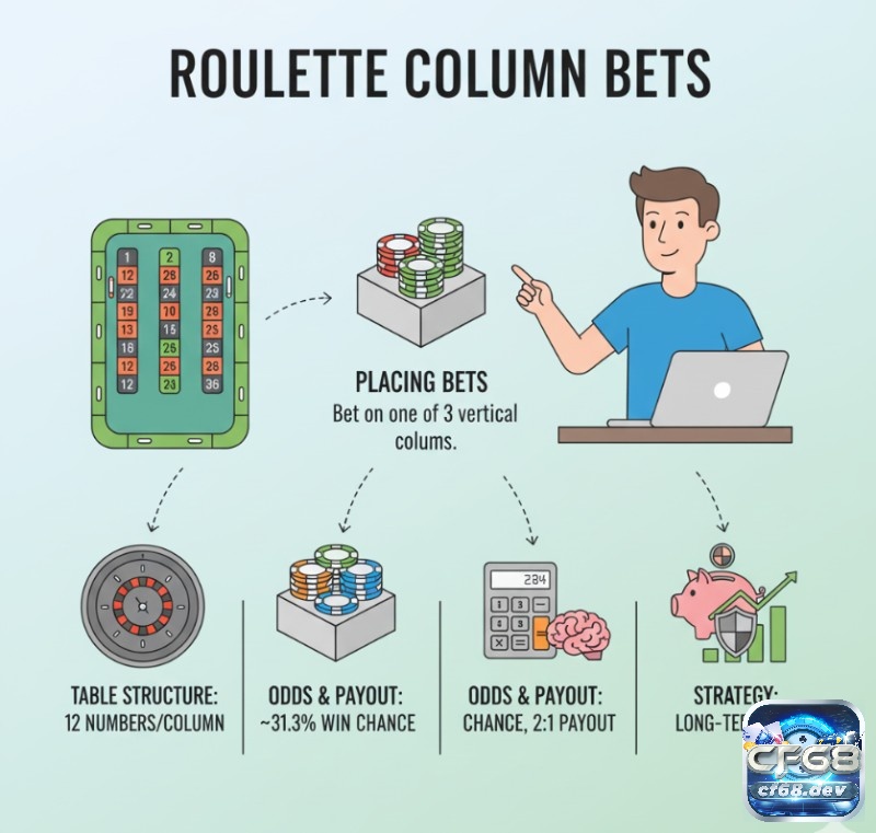 Cược cột roulette – Cách đặt cược column bet và payout Người chơi tìm hiểu về cược cột roulette, từ cấu trúc, quy luật, xác suất đến tỷ lệ trả thưởng và cách áp dụng chiến thuật