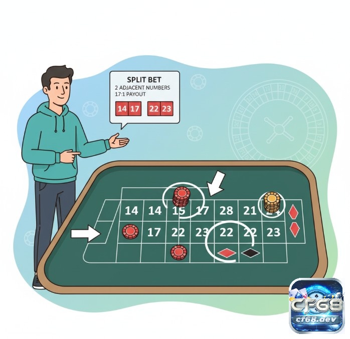 Cược đôi roulette (split bet) và cách đặt cược nhanh chóng Người chơi đặt chip cược đôi lên đường kẻ giữa hai số liền kề trên bàn roulette