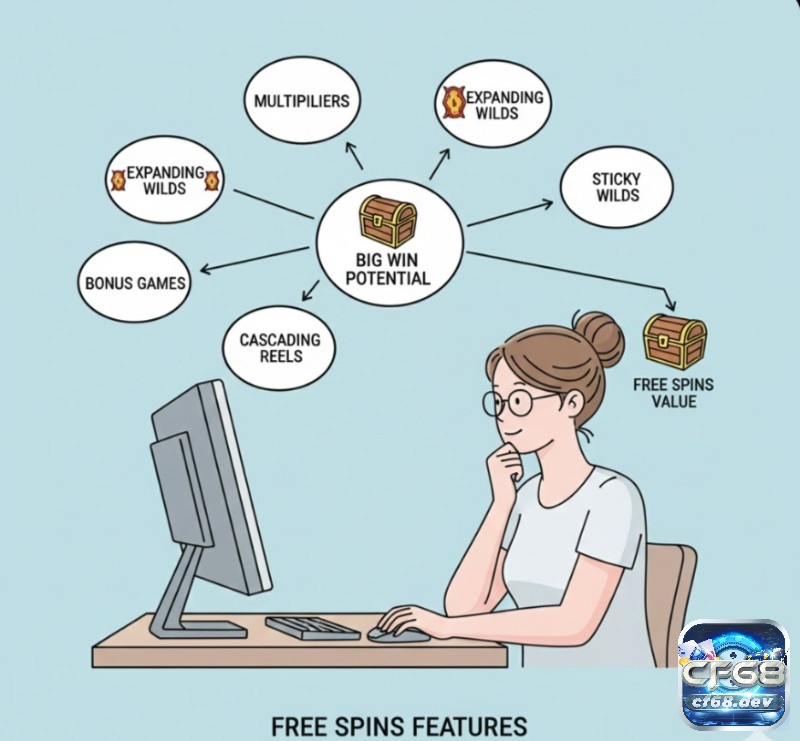 Free spins slot game là gì? Cách nhận vòng quay miễn phí Người chơi đang phân tích các tính năng đặc biệt trong Free Spins như Expanding Wilds và Sticky Wilds để tối ưu hóa chiến thắng