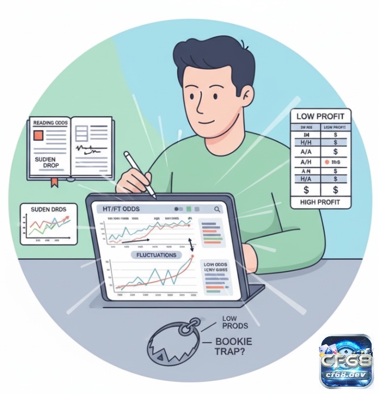Kèo HT/FT là gì? Chiến thuật và kinh nghiệm chơi từ cao thủ Người chơi cá cược phân tích bảng tỷ lệ kèo và biến động để nhận diện kèo HT/FT có điểm sáng