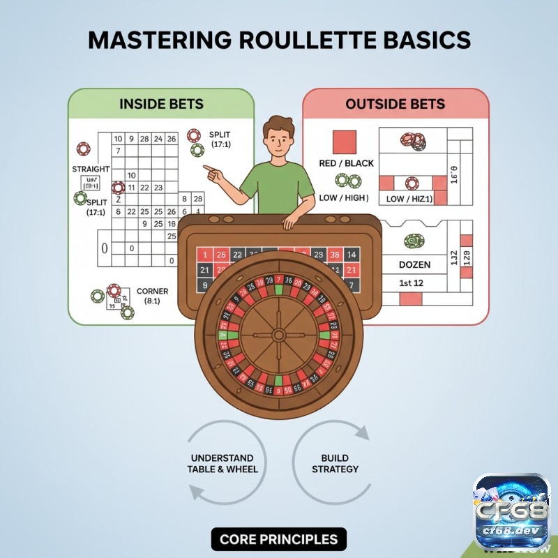 Luật chơi roulette cơ bản – Hướng dẫn nhập môn cho người mới Người chơi tìm hiểu luật chơi roulette cơ bản gồm cấu trúc bàn cược và bánh xe, bao gồm cược bên trong và bên ngoài, để xây dựng chiến lược hiệu quả