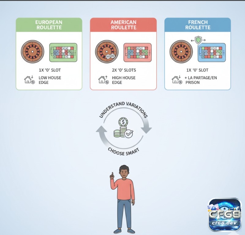 Luật chơi roulette cơ bản – Hướng dẫn nhập môn cho người mới Người chơi tìm hiểu, sự khác biệt giữa roulette Châu Âu, Mỹ và Pháp, hiểu tác động đến tỷ lệ thắng của mình